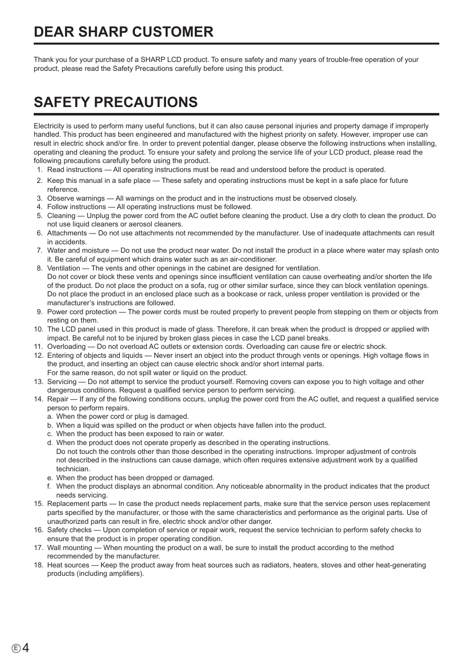 Dear sharp customer, Safety precautions | Sharp PN-U423 User Manual | Page 4 / 54