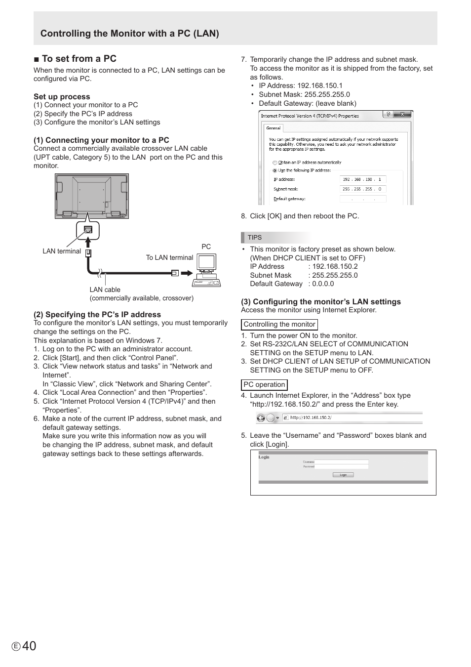 Controlling the monitor with a pc (lan) | Sharp PN-U423 User Manual | Page 40 / 54