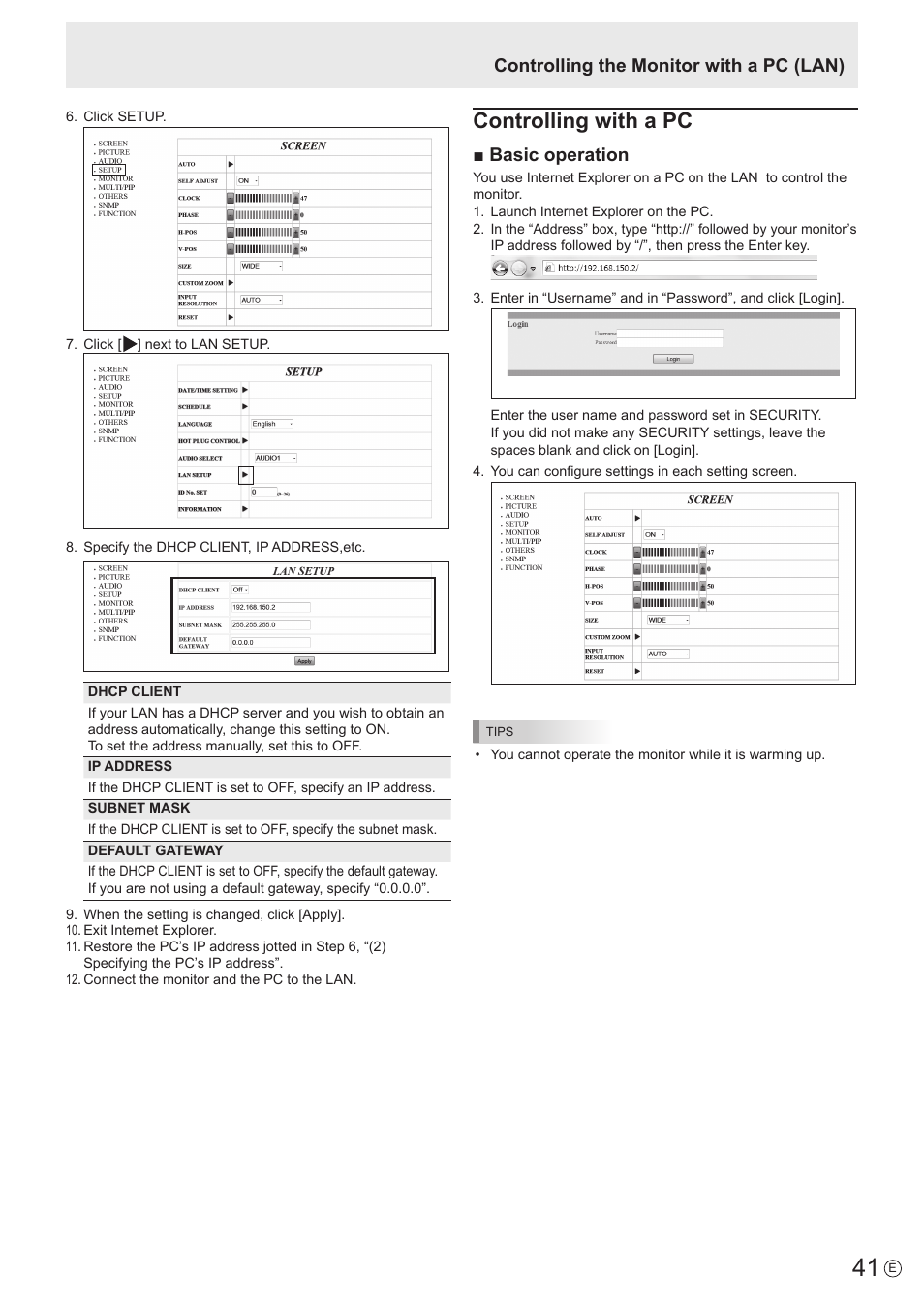 Controlling with a pc, Basic operation, Controlling the monitor with a pc (lan) | Sharp PN-U423 User Manual | Page 41 / 54