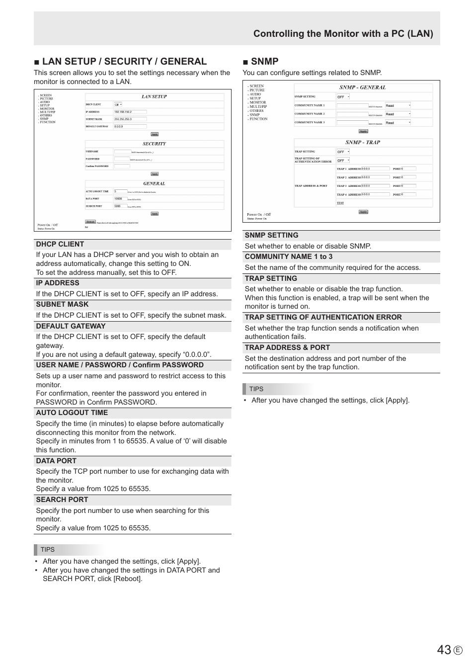 Lan setup / security / general, Controlling the monitor with a pc (lan) ■ snmp | Sharp PN-U423 User Manual | Page 43 / 54