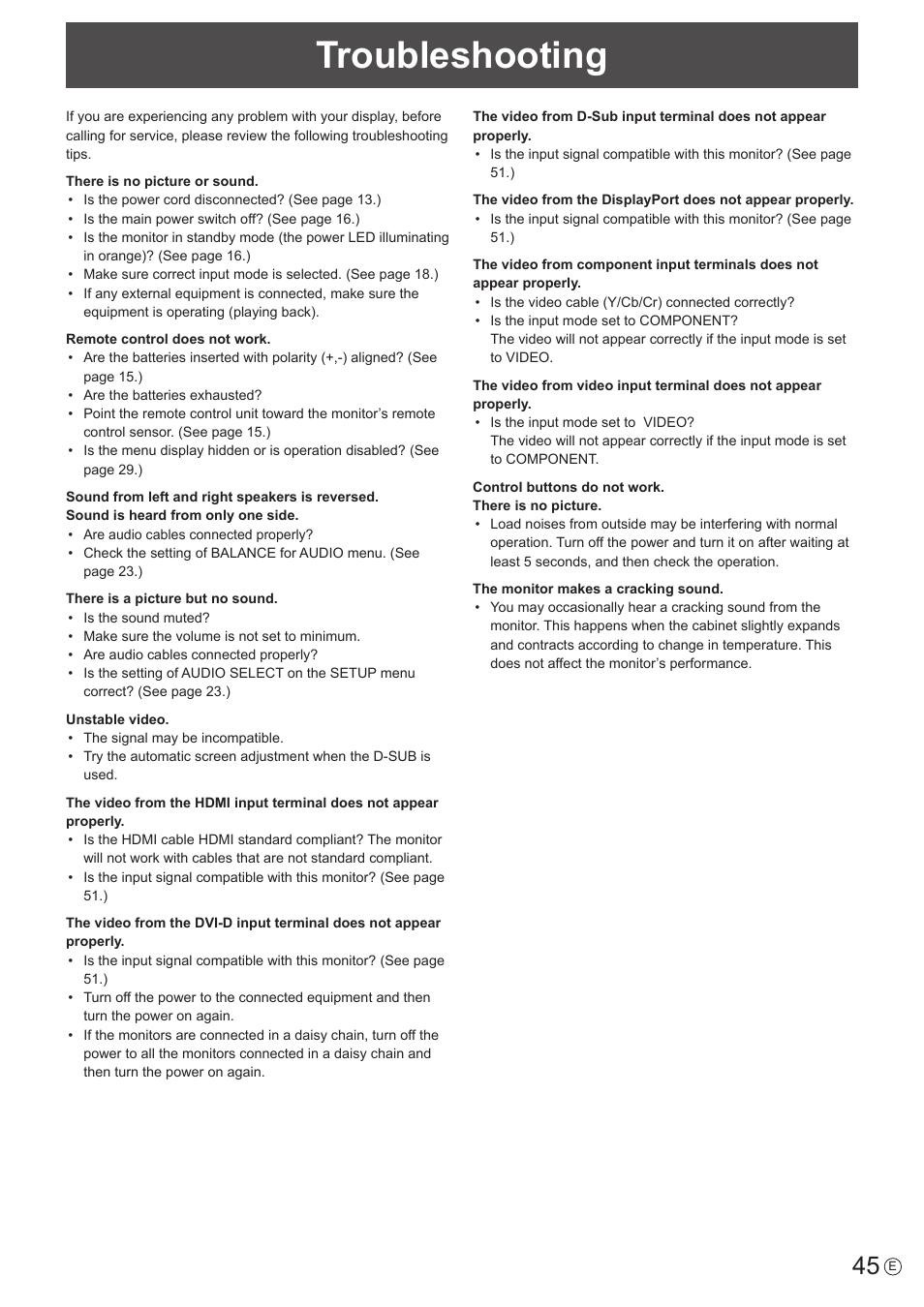 Troubleshooting | Sharp PN-U423 User Manual | Page 45 / 54