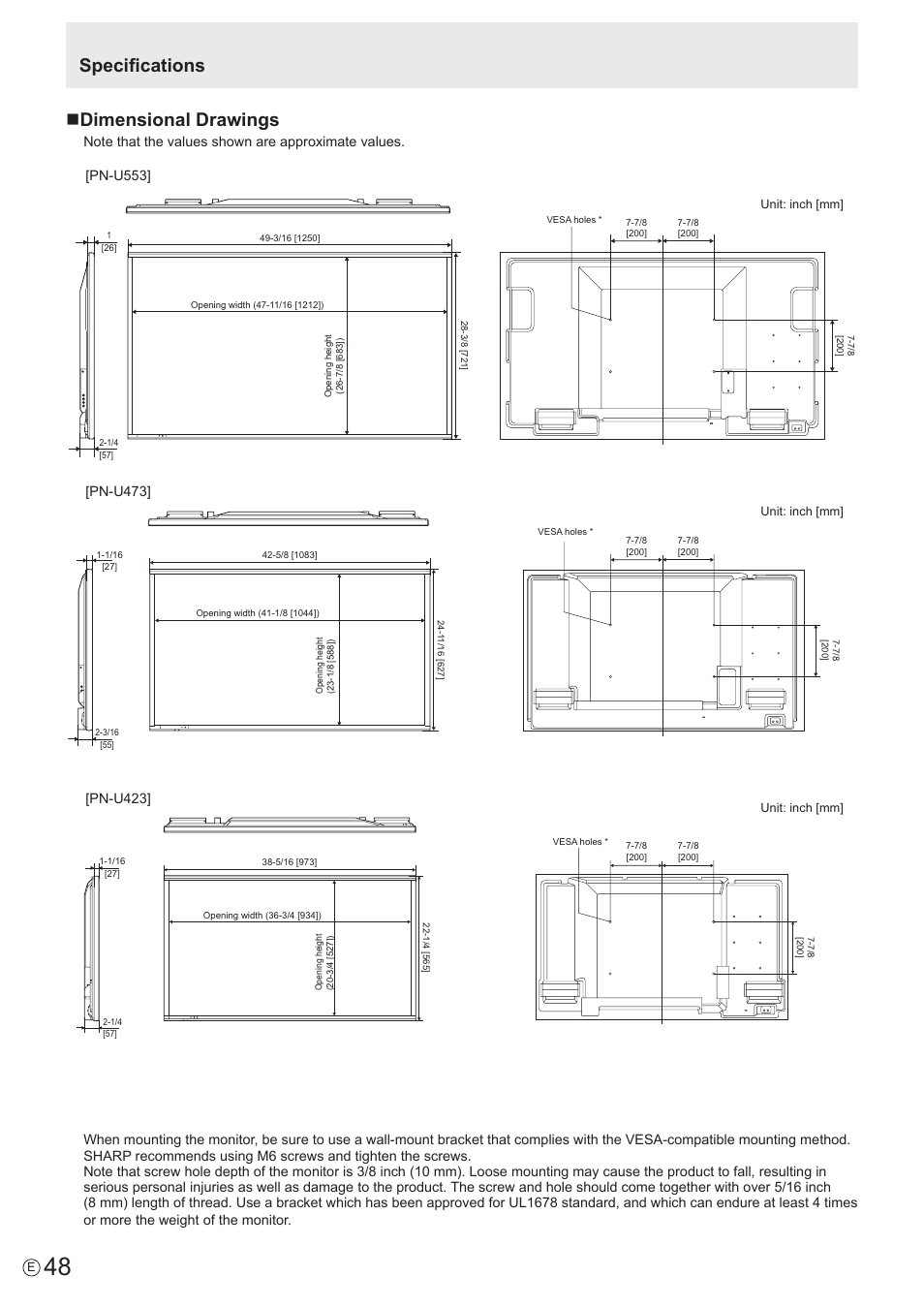 Specifications n dimensional drawings | Sharp PN-U423 User Manual | Page 48 / 54