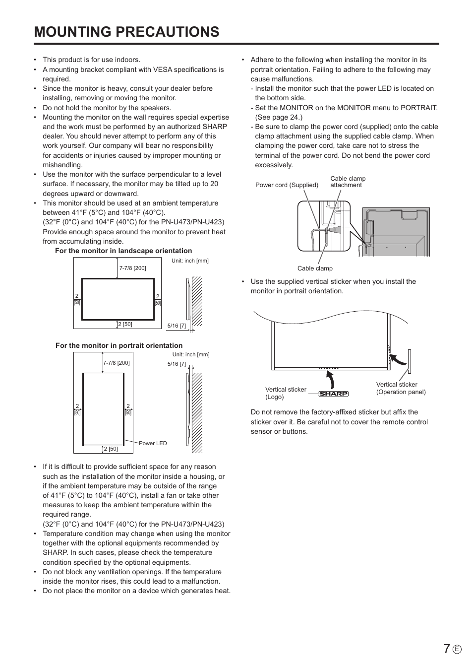 Mounting precautions | Sharp PN-U423 User Manual | Page 7 / 54