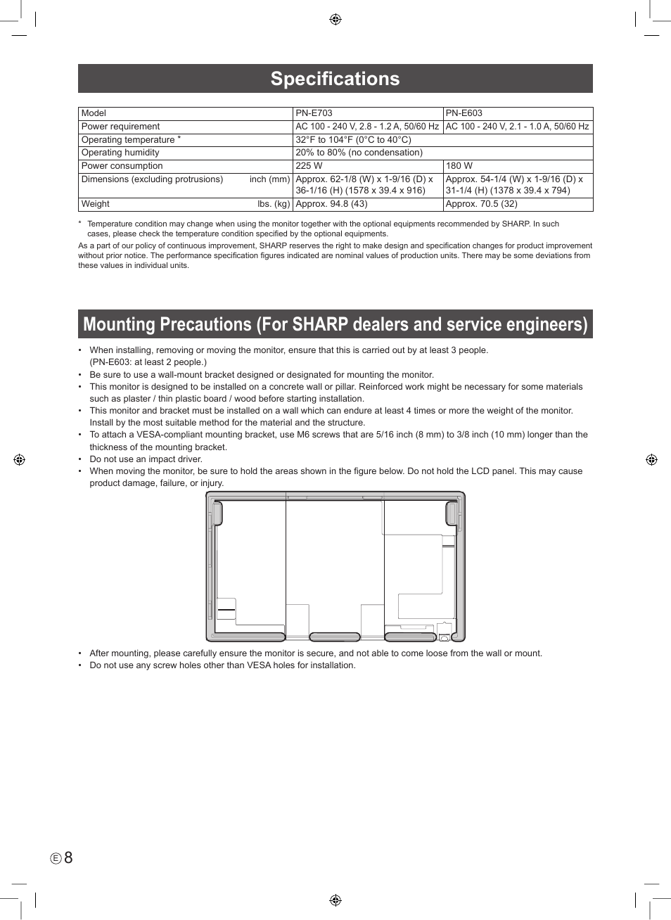 Specifications | Sharp PN-E703 User Manual | Page 10 / 44