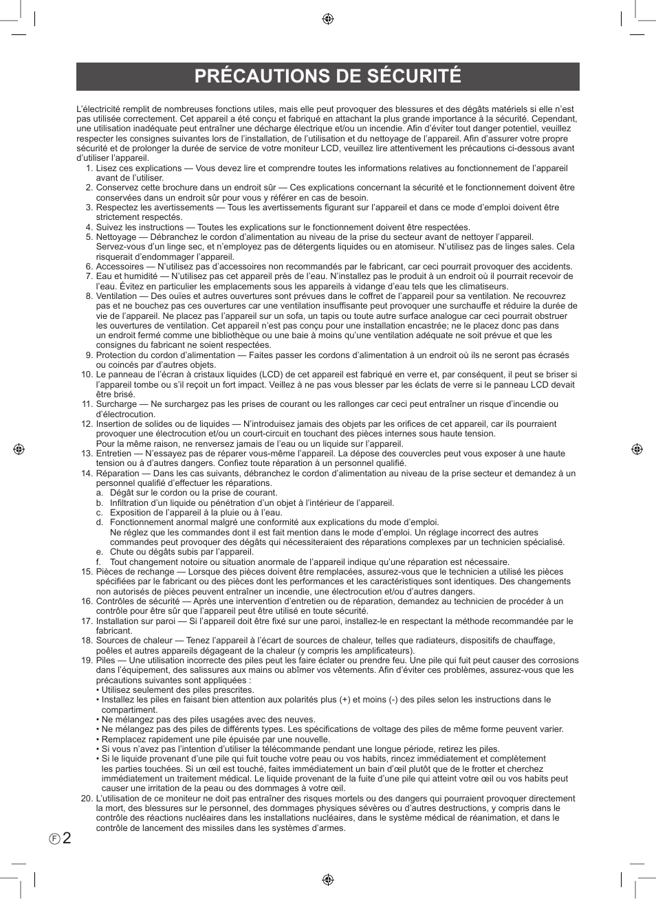 Précautions de sécurité | Sharp PN-E703 User Manual | Page 12 / 44