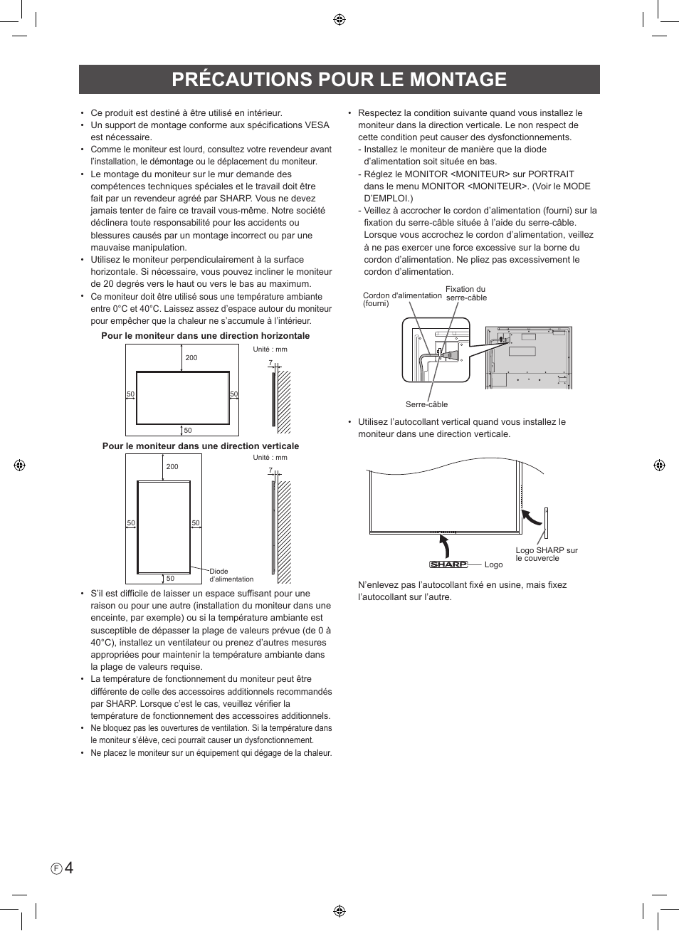 Précautions pour le montage | Sharp PN-E703 User Manual | Page 14 / 44