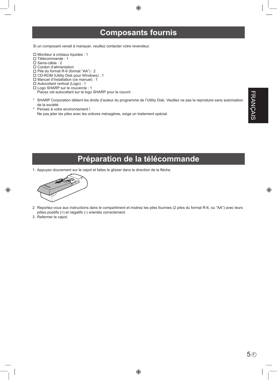 Composants fournis, Préparation de la télécommande, Français | Sharp PN-E703 User Manual | Page 15 / 44