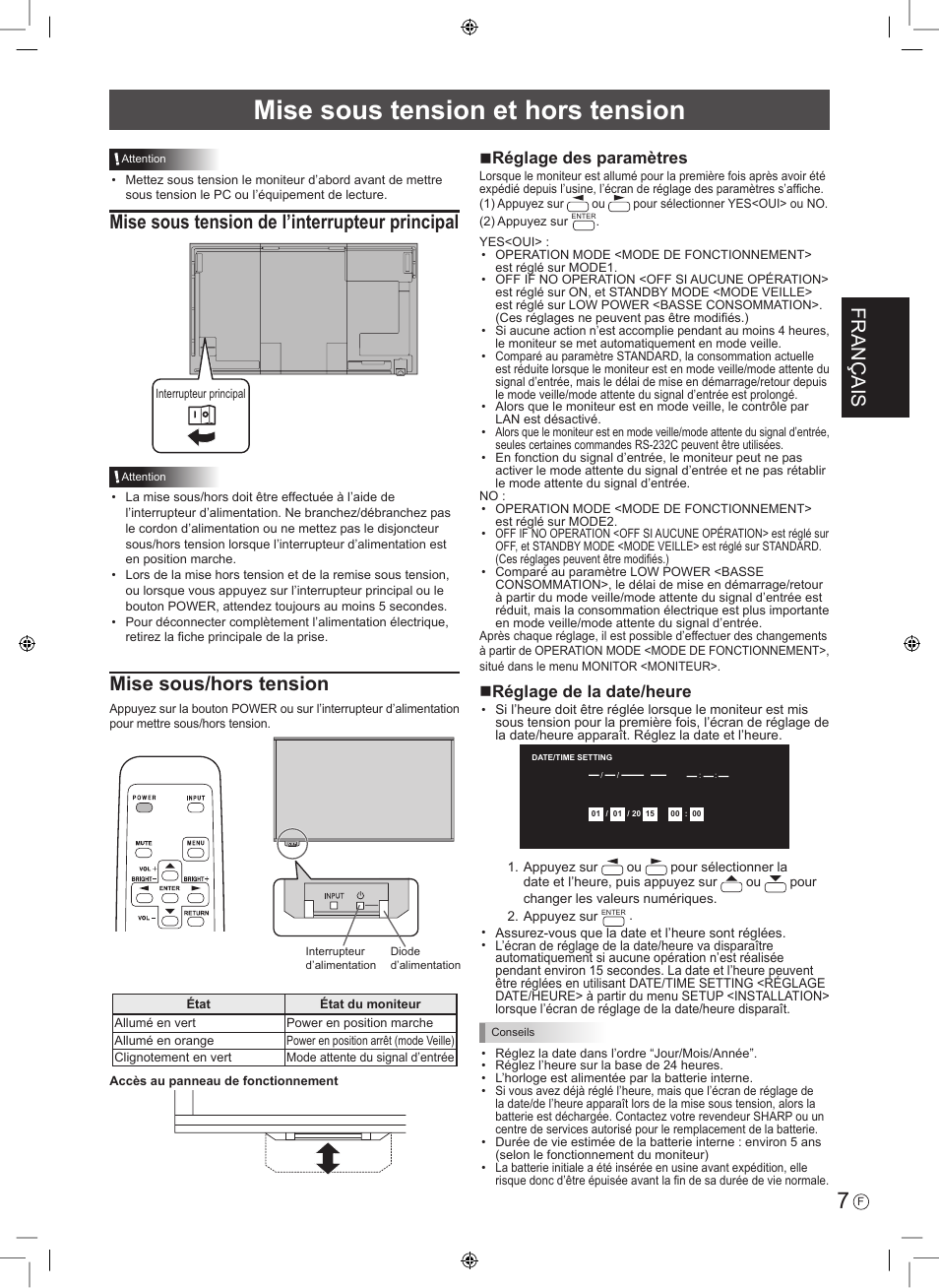 Mise sous tension et hors tension, Français, Mise sous tension de l’interrupteur principal | Mise sous/hors tension, Nréglage des paramètres, Nréglage de la date/heure | Sharp PN-E703 User Manual | Page 17 / 44