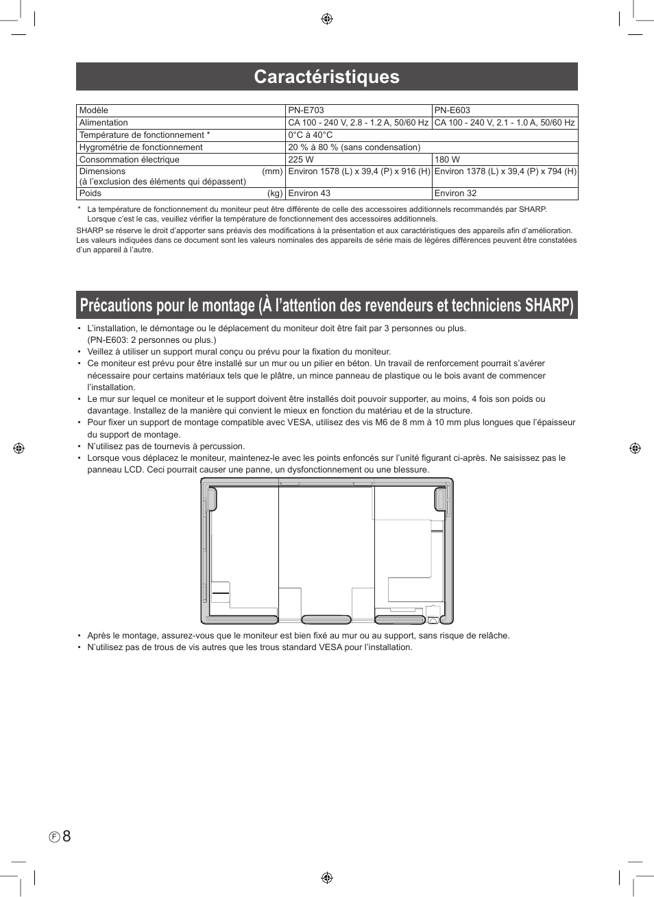 Caractéristiques | Sharp PN-E703 User Manual | Page 18 / 44