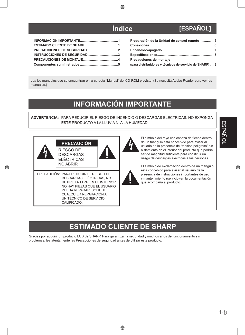 Español, Esp añol | Sharp PN-E703 User Manual | Page 19 / 44