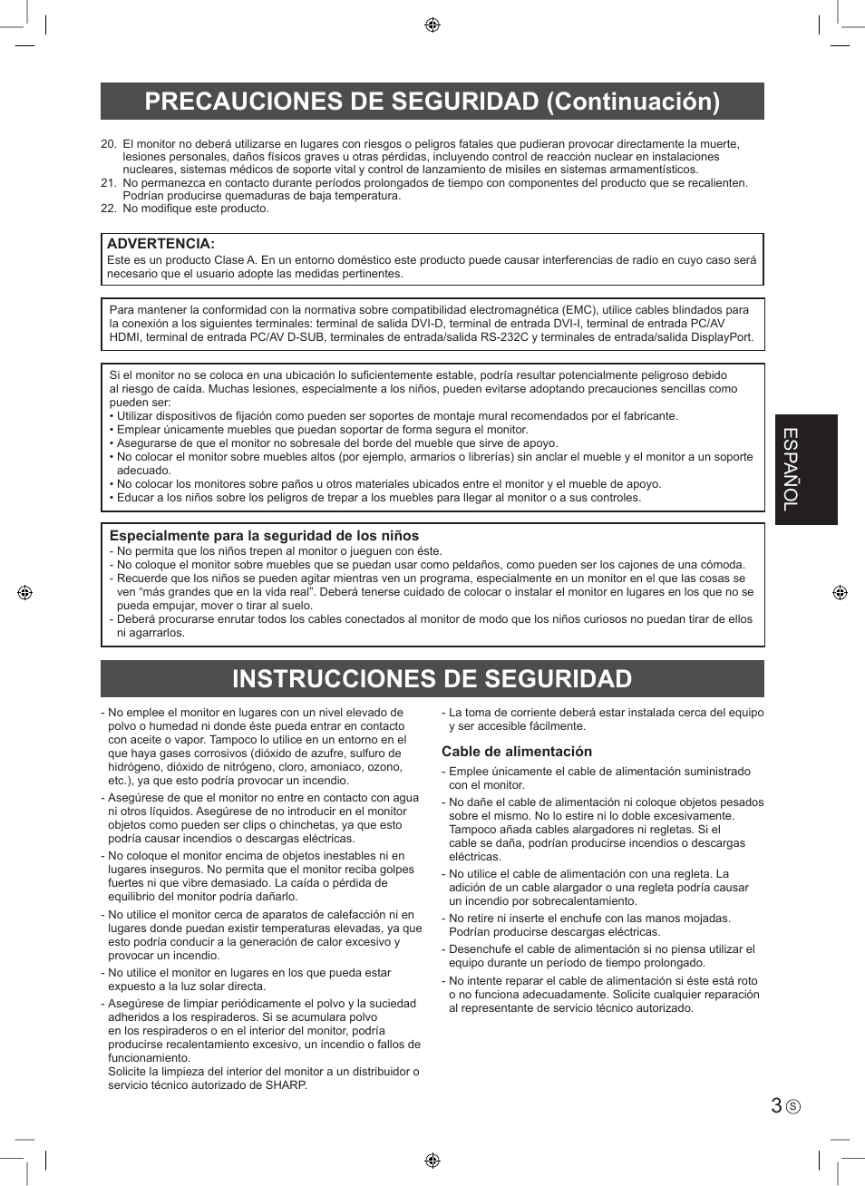 Esp añol | Sharp PN-E703 User Manual | Page 21 / 44