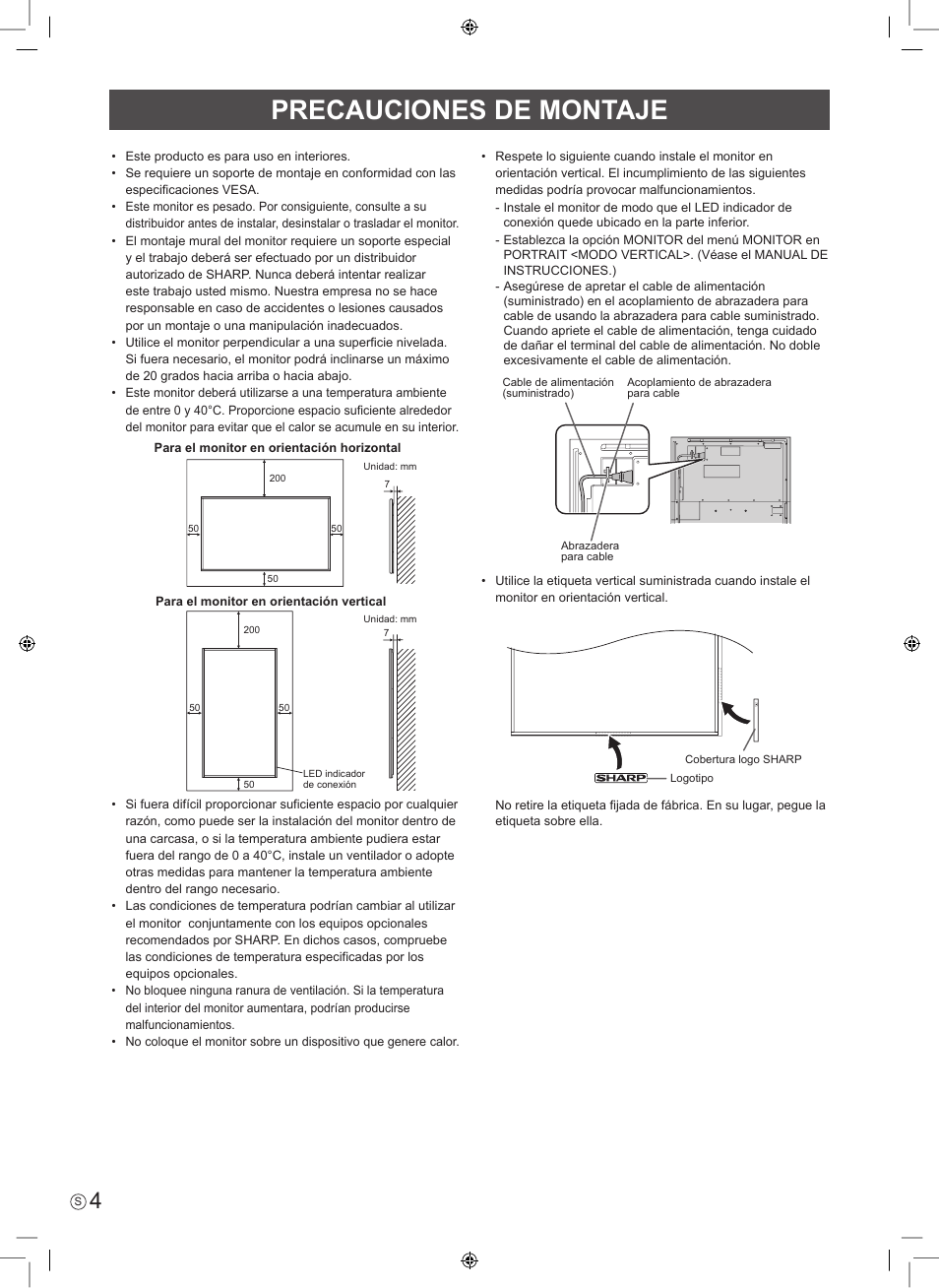 Precauciones de montaje | Sharp PN-E703 User Manual | Page 22 / 44