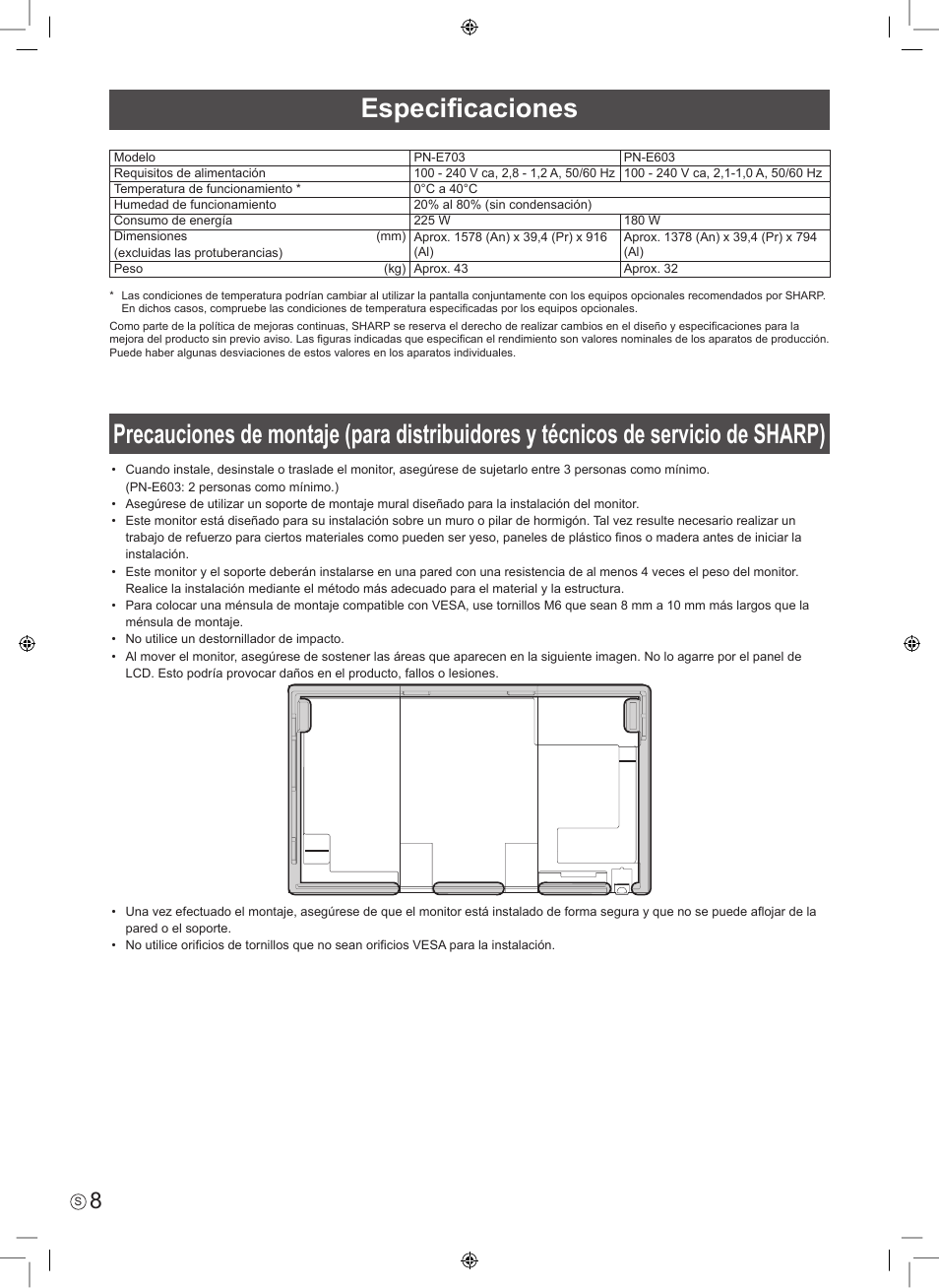 Especificaciones | Sharp PN-E703 User Manual | Page 26 / 44