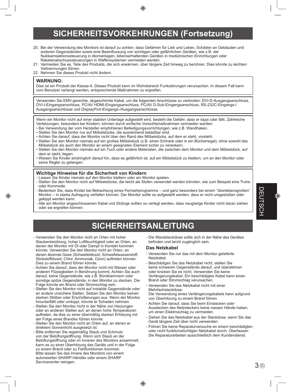 Sicherheitsvorkehrungen (fortsetzung), Sicherheitsanleitung, Deutsch | Sharp PN-E703 User Manual | Page 29 / 44