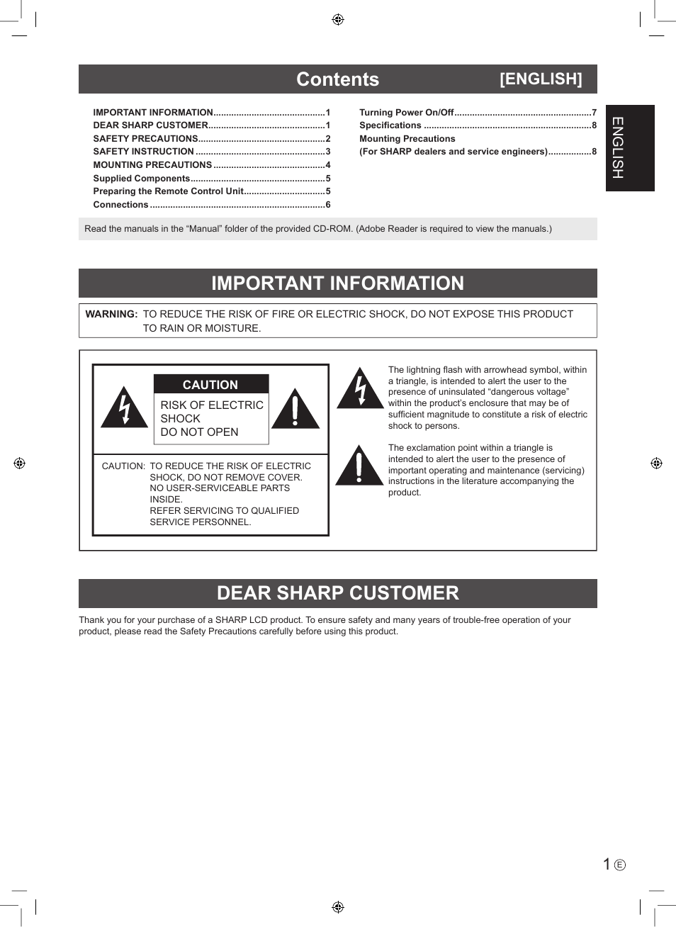 Dear sharp customer important information contents, English | Sharp PN-E703 User Manual | Page 3 / 44