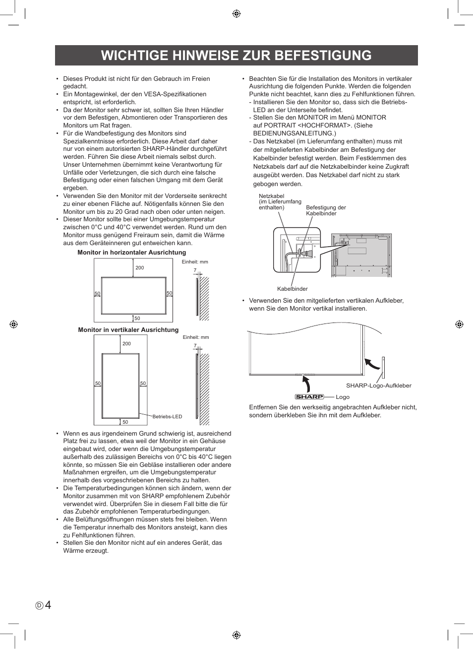 Wichtige hinweise zur befestigung | Sharp PN-E703 User Manual | Page 30 / 44