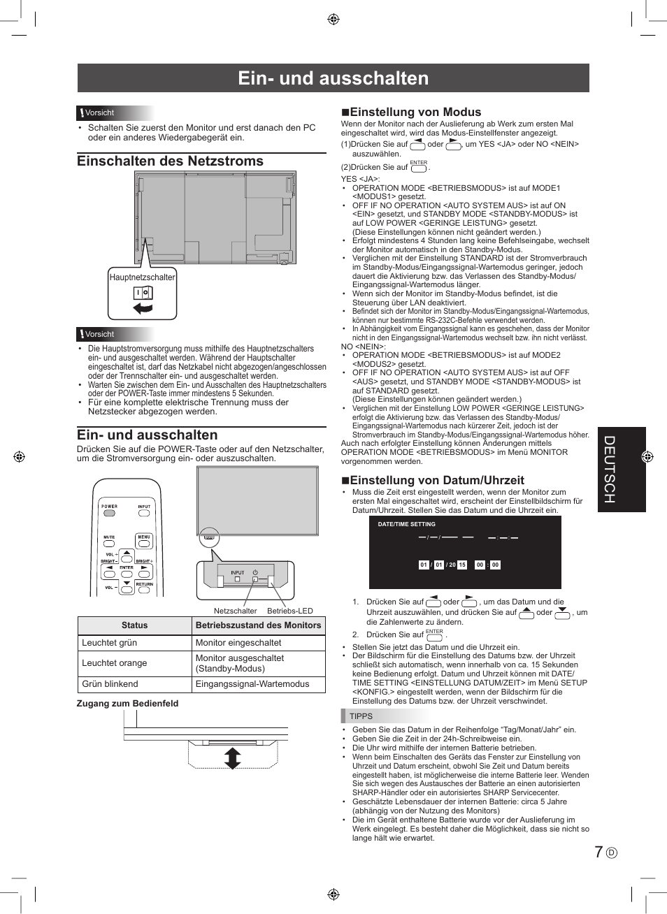 Deutsch, Einschalten des netzstroms, Ein- und ausschalten | Neinstellung von modus, Neinstellung von datum/uhrzeit | Sharp PN-E703 User Manual | Page 33 / 44