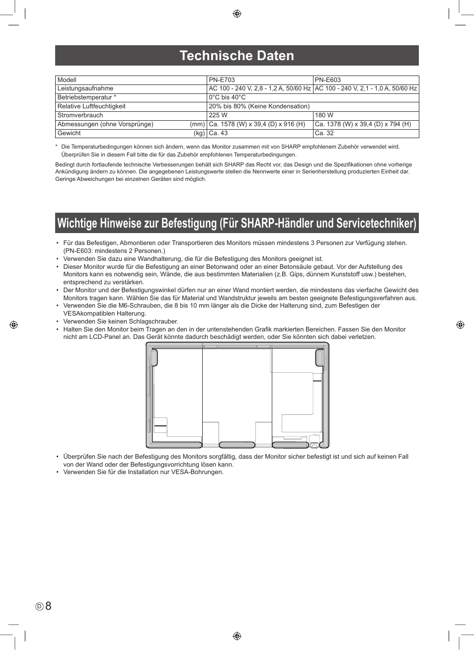 Technische daten | Sharp PN-E703 User Manual | Page 34 / 44