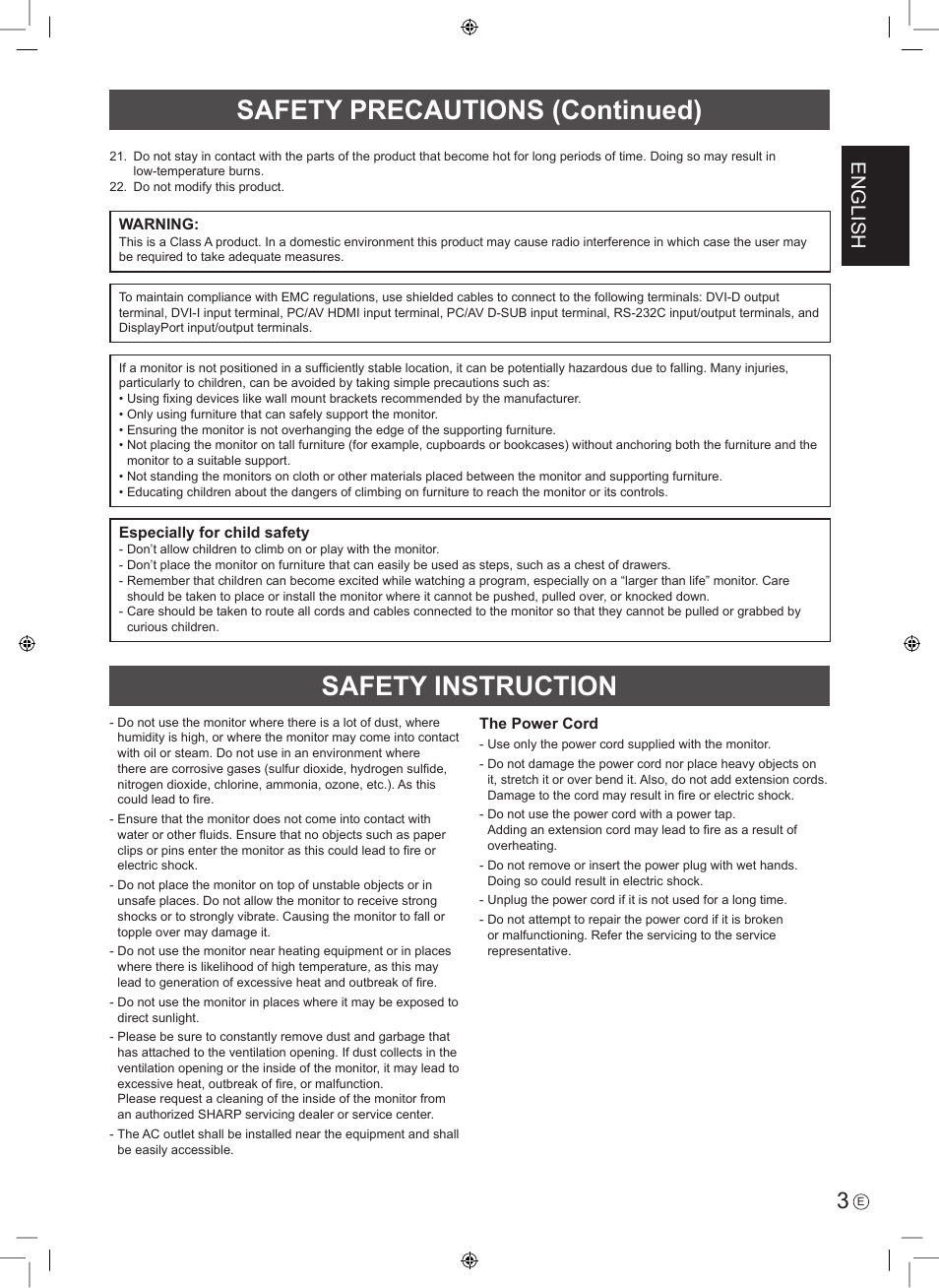 Safety precautions (continued) safety instruction, English | Sharp PN-E703 User Manual | Page 5 / 44