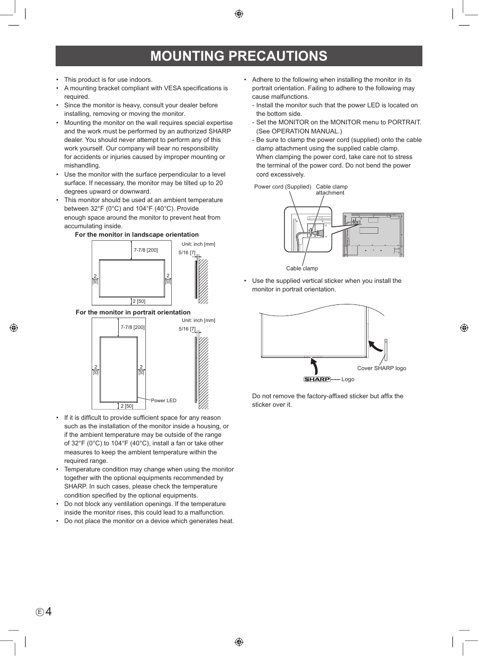 Mounting precautions | Sharp PN-E703 User Manual | Page 6 / 44