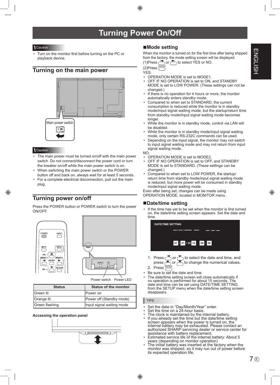 Turning power on/off, English, Turning on the main power | Nmode setting, Ndate/time setting | Sharp PN-E703 User Manual | Page 9 / 44