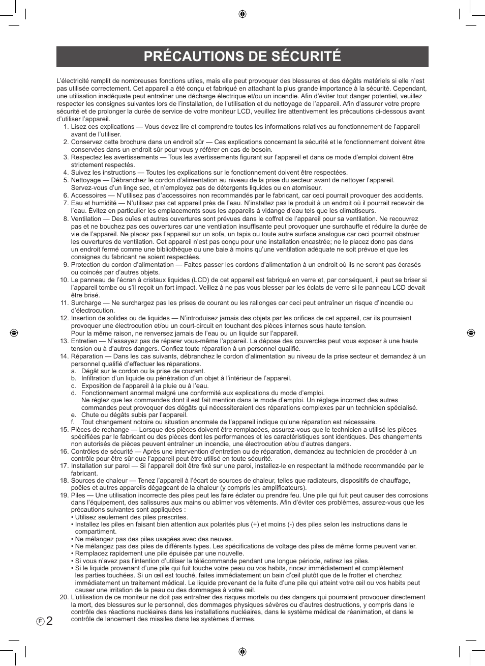 Précautions de sécurité | Sharp PN-R603 User Manual | Page 12 / 44