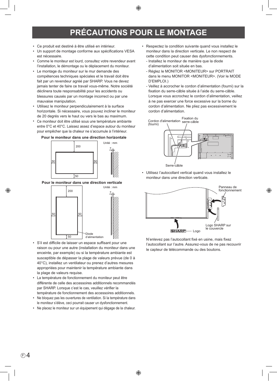 Précautions pour le montage | Sharp PN-R603 User Manual | Page 14 / 44