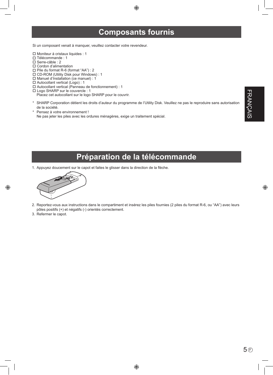 Composants fournis, Préparation de la télécommande, Français | Sharp PN-R603 User Manual | Page 15 / 44