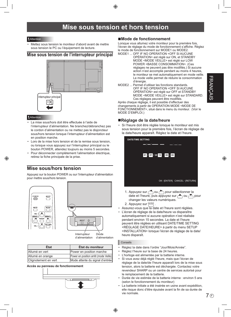 Mise sous tension et hors tension, Français, Mise sous tension de l’interrupteur principal | Mise sous/hors tension, Nmode de fonctionnement, Nréglage de la date/heure | Sharp PN-R603 User Manual | Page 17 / 44