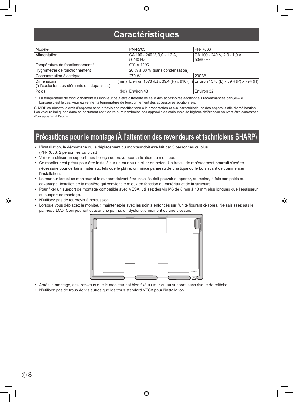 Caractéristiques | Sharp PN-R603 User Manual | Page 18 / 44