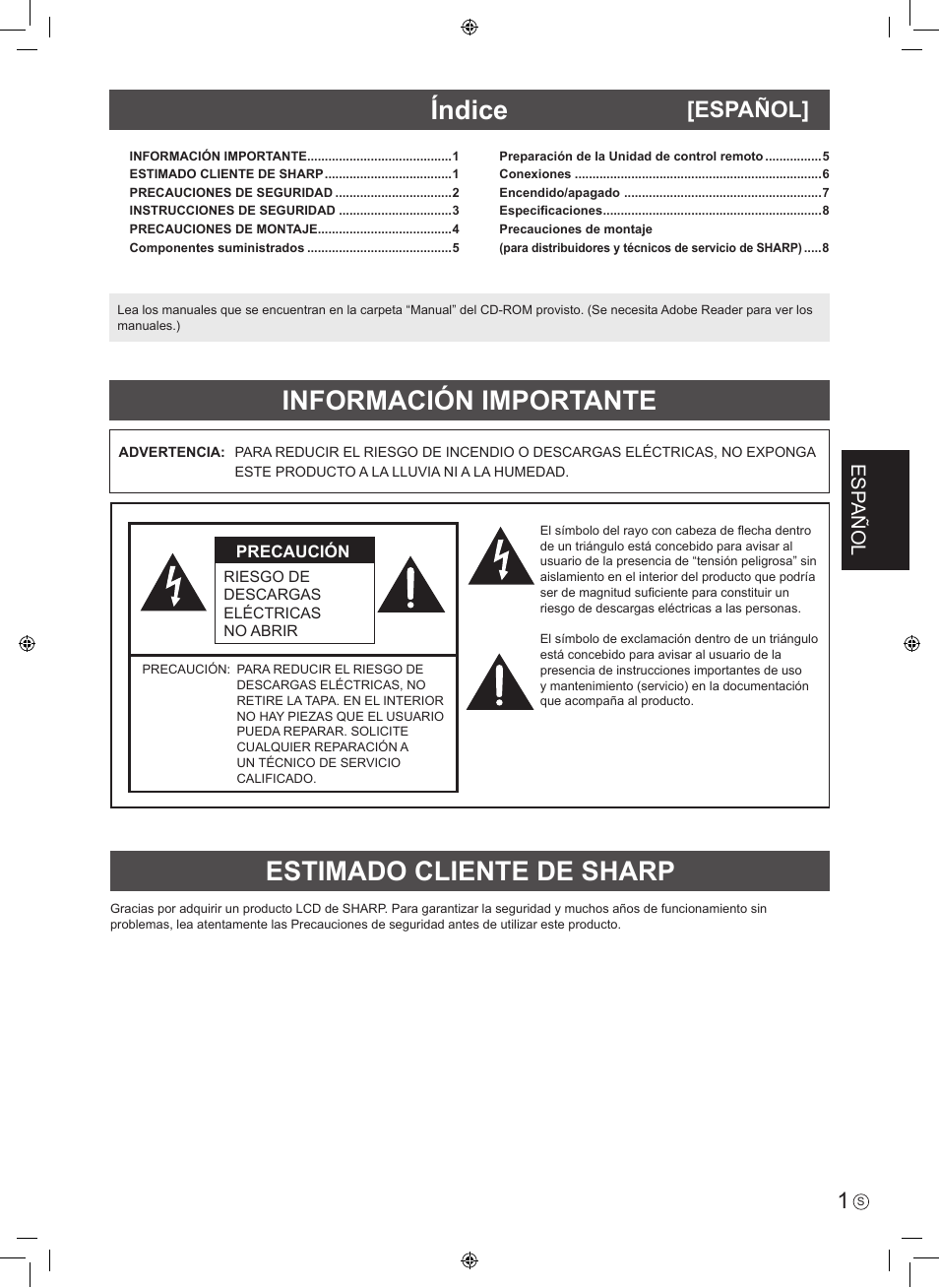 Español, Esp añol | Sharp PN-R603 User Manual | Page 19 / 44