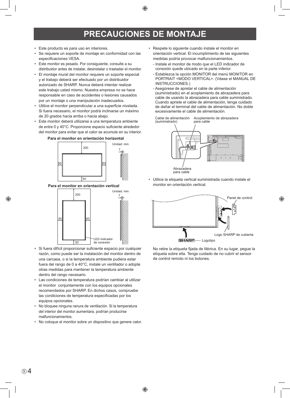 Precauciones de montaje | Sharp PN-R603 User Manual | Page 22 / 44