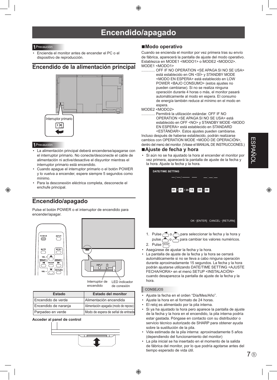 Encendido/apagado, Esp añol, Encendido de la alimentación principal | Nmodo operativo, Najuste de fecha y hora | Sharp PN-R603 User Manual | Page 25 / 44