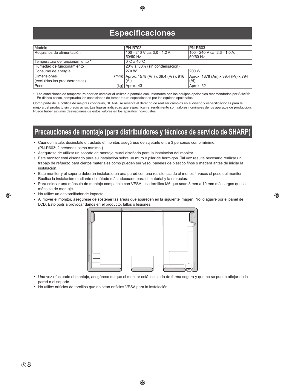 Especificaciones | Sharp PN-R603 User Manual | Page 26 / 44