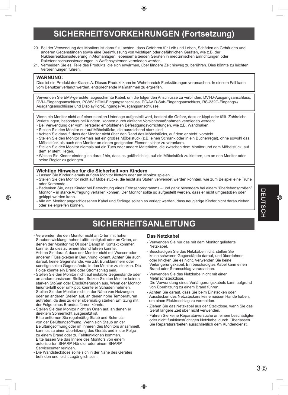 Sicherheitsvorkehrungen (fortsetzung), Sicherheitsanleitung, Deutsch | Sharp PN-R603 User Manual | Page 29 / 44