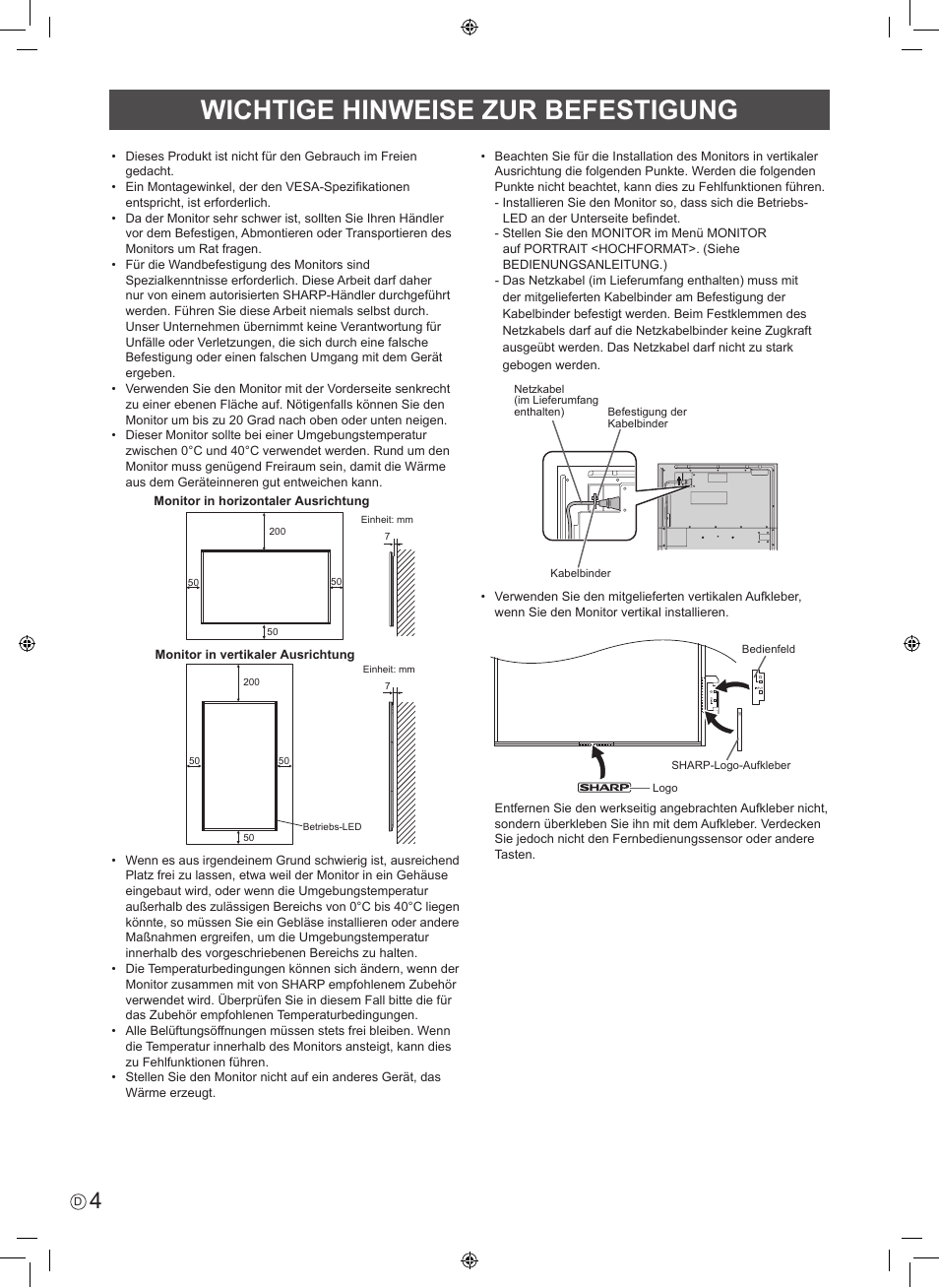 Wichtige hinweise zur befestigung | Sharp PN-R603 User Manual | Page 30 / 44