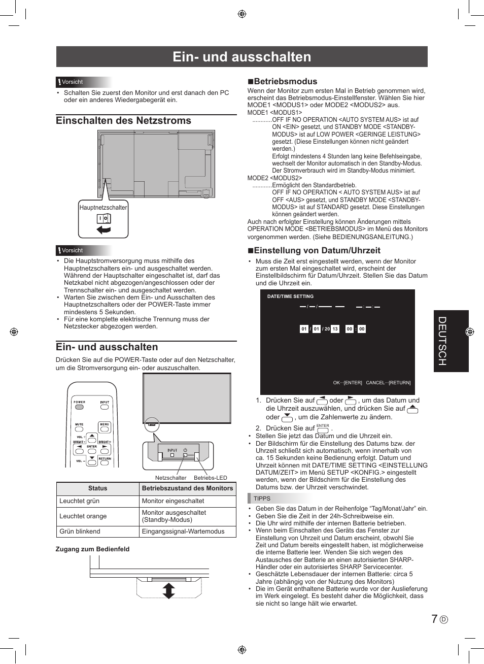 Deutsch, Einschalten des netzstroms, Ein- und ausschalten | Nbetriebsmodus, Neinstellung von datum/uhrzeit | Sharp PN-R603 User Manual | Page 33 / 44