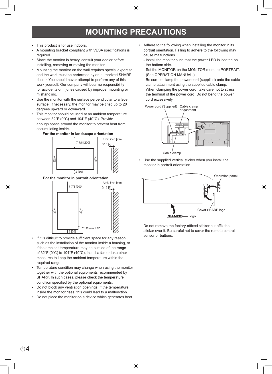 Mounting precautions | Sharp PN-R603 User Manual | Page 6 / 44