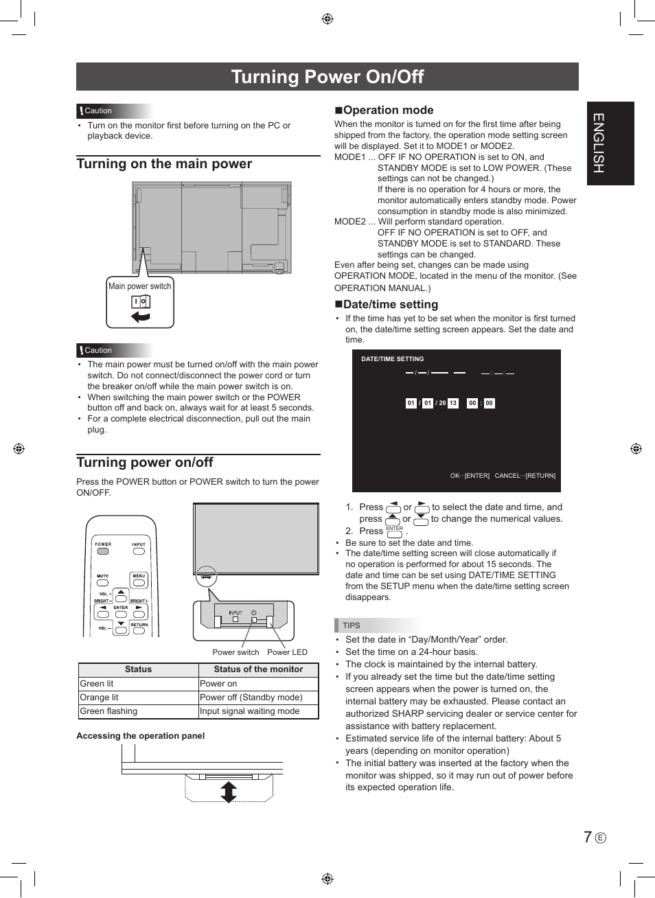 Turning power on/off, English, Turning on the main power | Noperation mode, Ndate/time setting | Sharp PN-R603 User Manual | Page 9 / 44