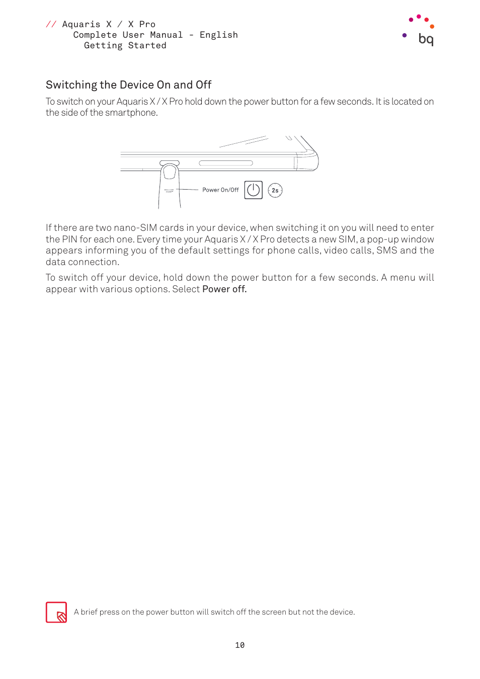 Switching the device on and off | BQ Aquaris XPro User Manual | Page 10 / 93