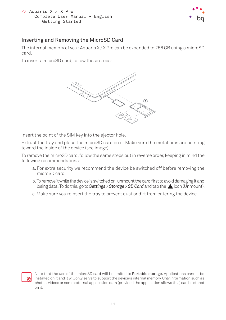 Inserting and removing the microsd card | BQ Aquaris XPro User Manual | Page 11 / 93
