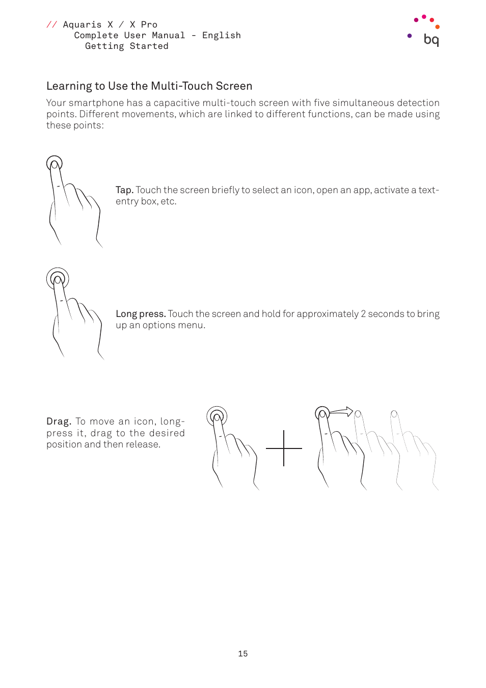 Learning to use the multi-touch screen | BQ Aquaris XPro User Manual | Page 15 / 93