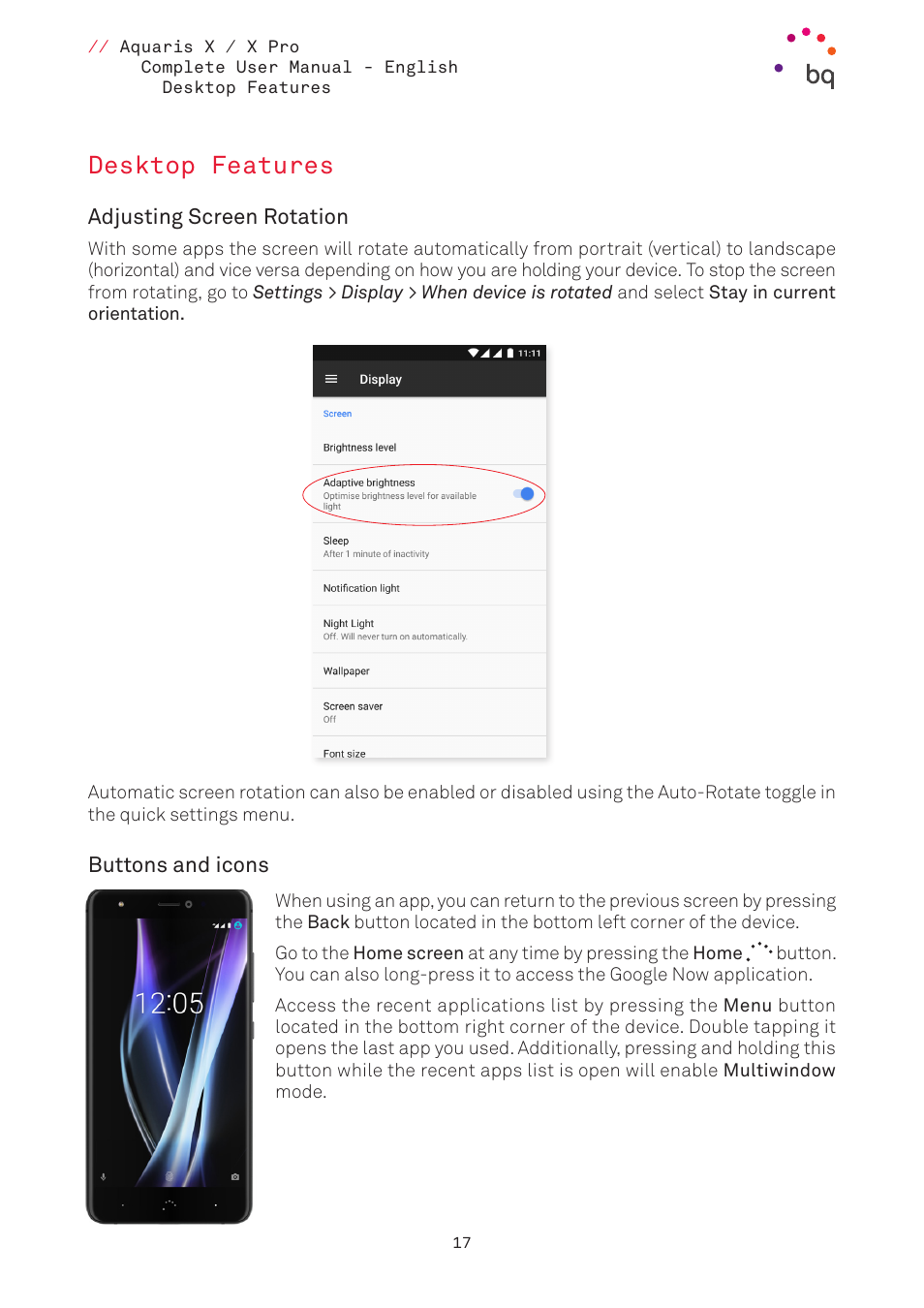 Desktop features, Adjusting screen rotation, Buttons and icons | BQ Aquaris XPro User Manual | Page 17 / 93