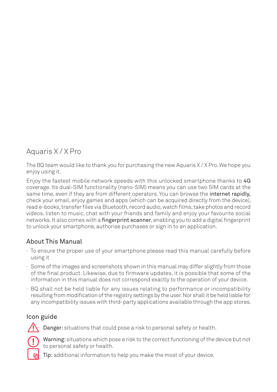 Aquaris x / x pro, About this manual, Icon guide | BQ Aquaris XPro User Manual | Page 2 / 93