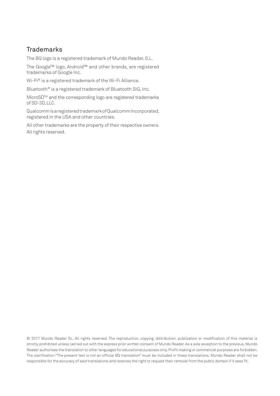 Trademarks | BQ Aquaris XPro User Manual | Page 3 / 93