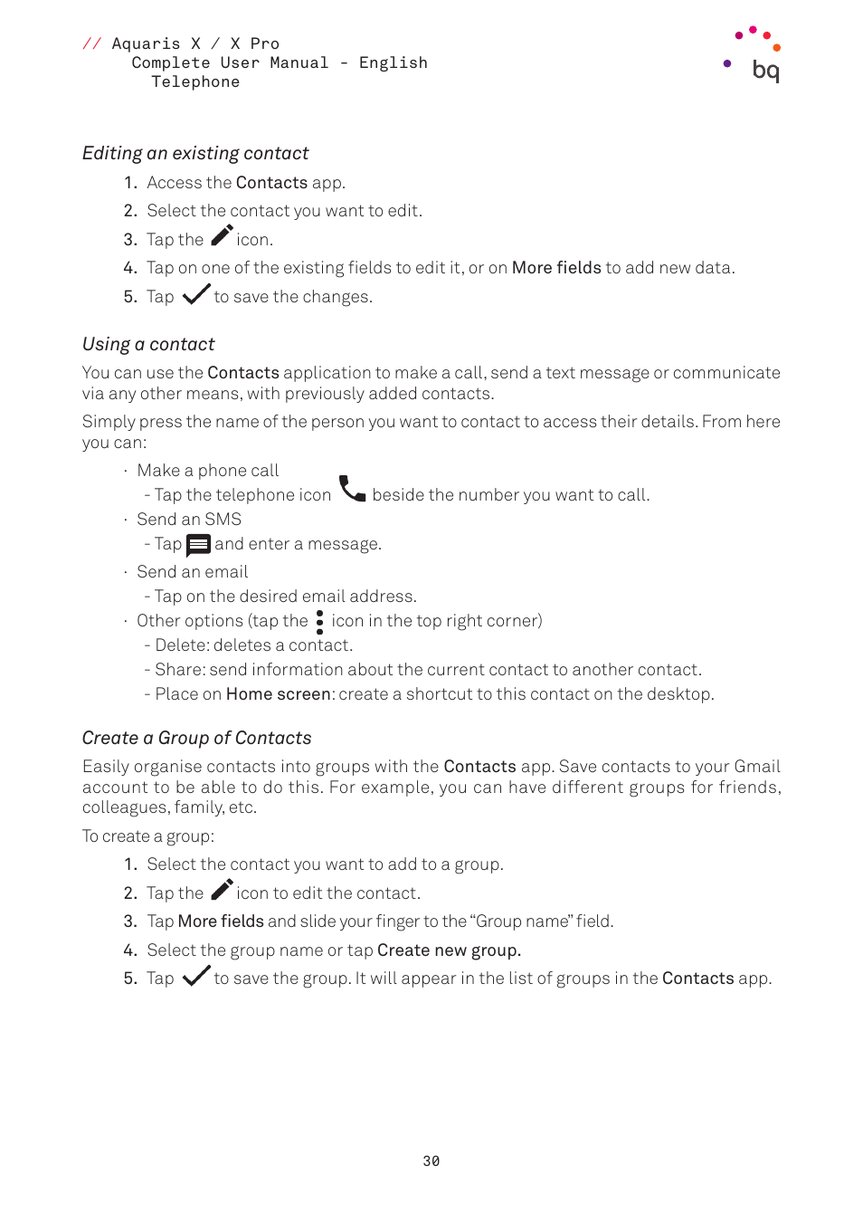 Editing an existing contact, Using a contact, Create a group of contacts | BQ Aquaris XPro User Manual | Page 30 / 93