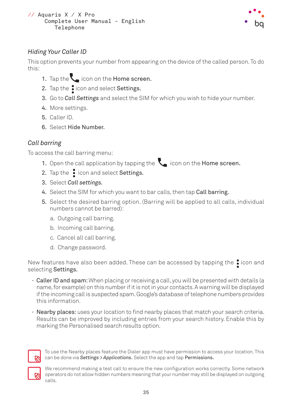 Hiding your caller id, Call barring | BQ Aquaris XPro User Manual | Page 35 / 93