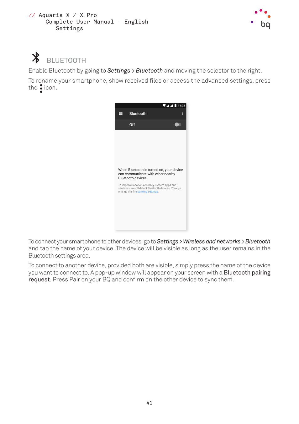 Bluetooth, 41 bluetooth | BQ Aquaris XPro User Manual | Page 41 / 93