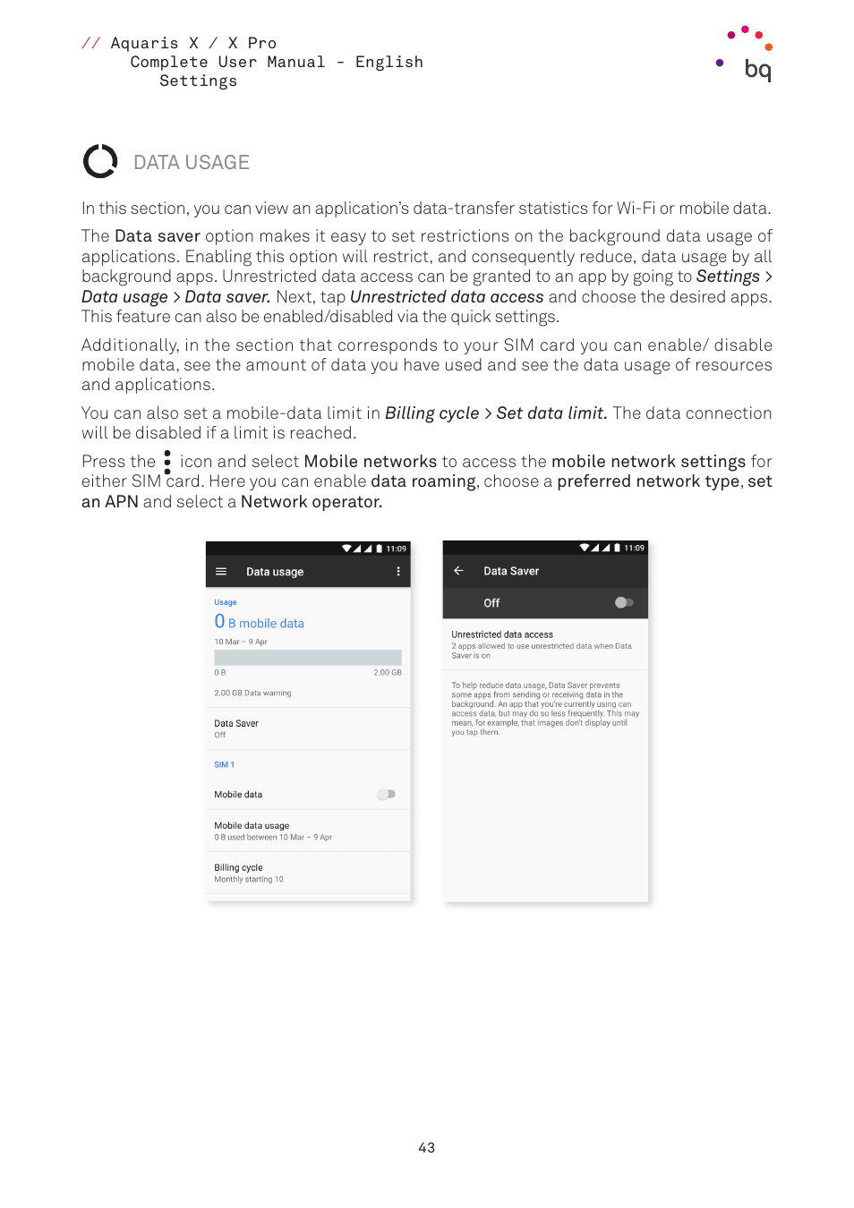 Data usage | BQ Aquaris XPro User Manual | Page 43 / 93