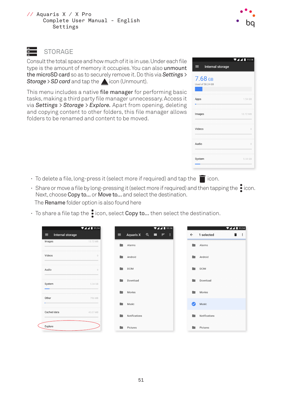 Storage, Storage and usb | BQ Aquaris XPro User Manual | Page 51 / 93